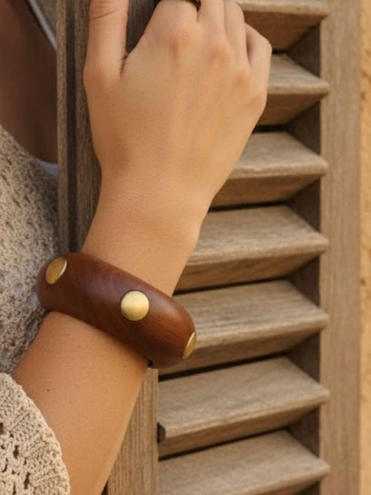 Wood Bangle with Gold-Tone Studs for Women - Pair of 2