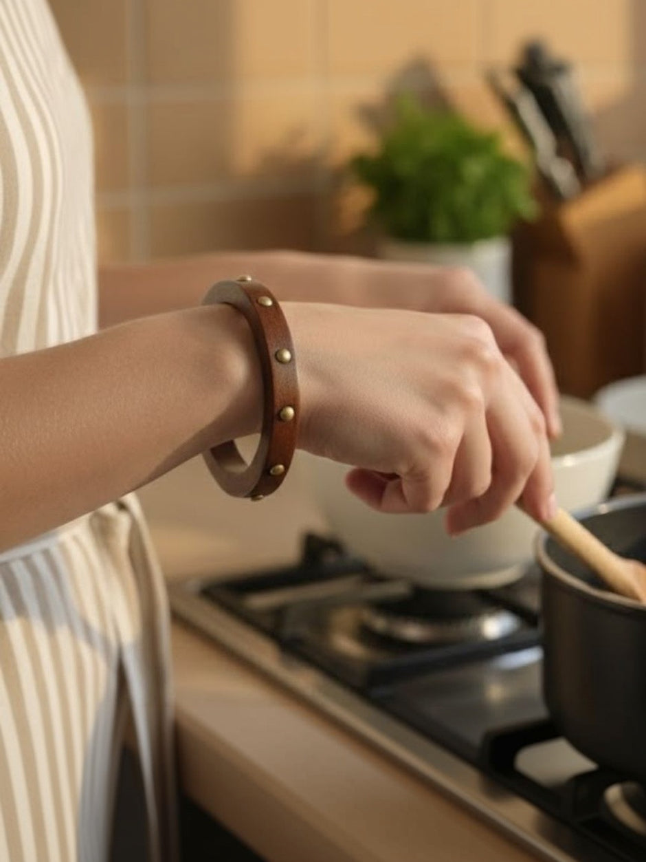 Brown Leather Brass Stud Bangles for Women - Pair of 2