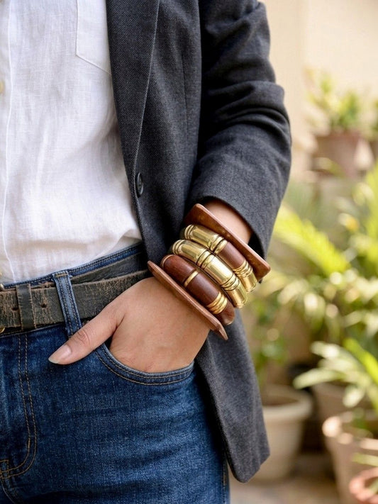 Wood and Gold-Tone Brass Kada Bangles for Women