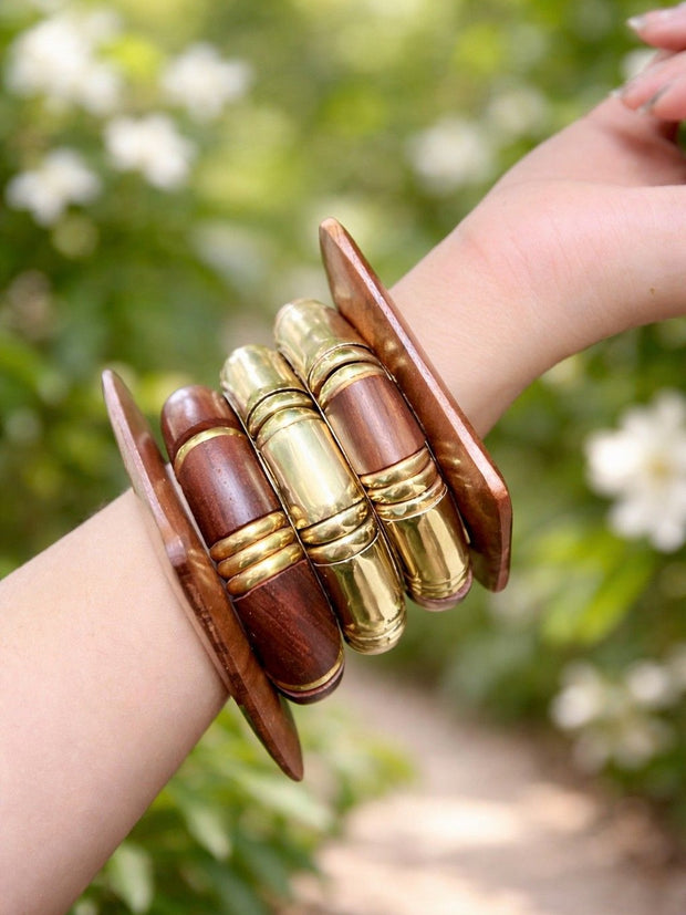 Wood and Gold-Tone Brass Kada Bangles for Women