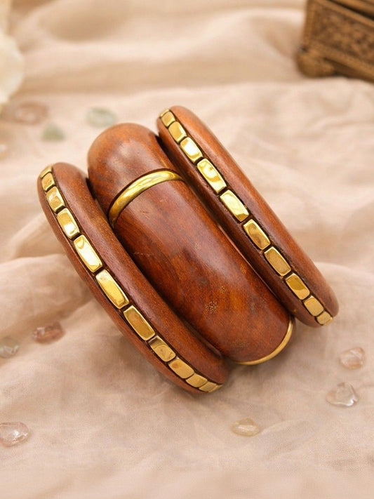 Brass-Inlay Wood Kada Bangles for Women
