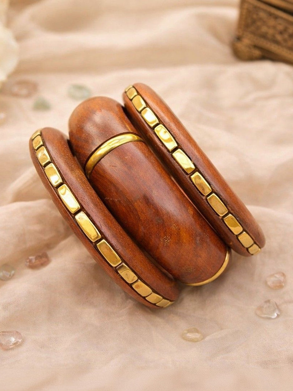 Brass-Inlay Wood Kada Bangles for Women