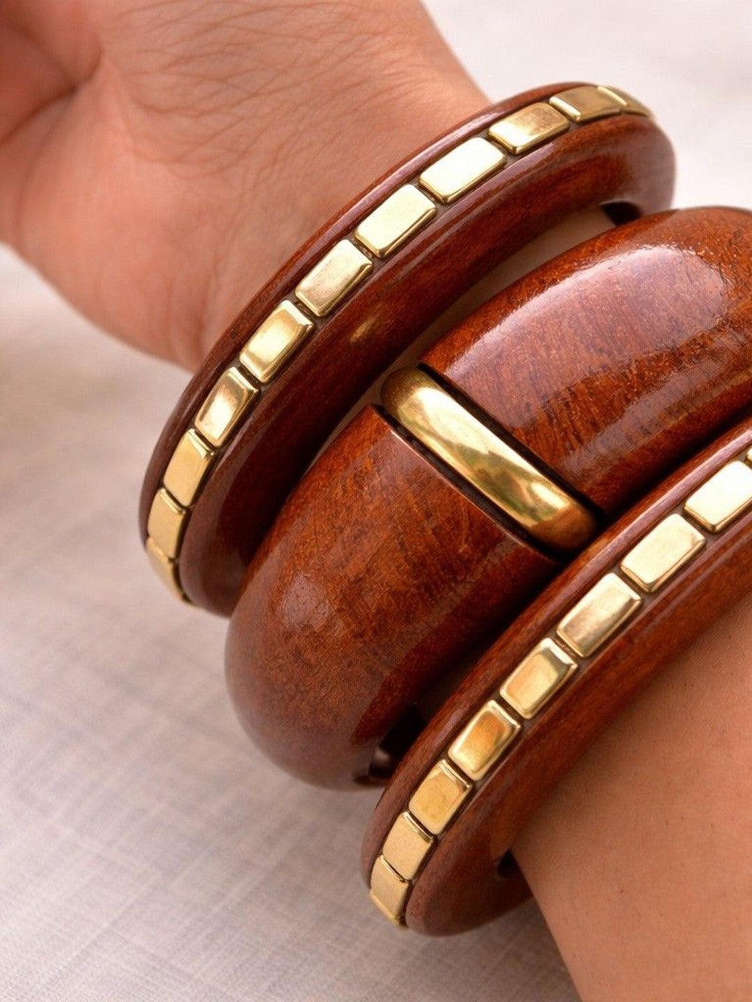 Brass-Inlay Wood Kada Bangles for Women
