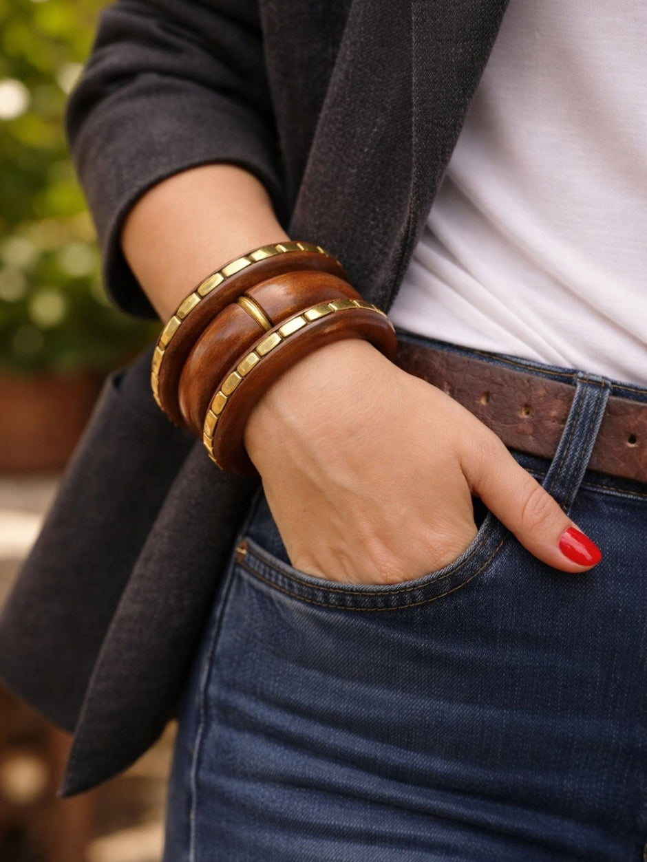 Brass-Inlay Wood Kada Bangles for Women