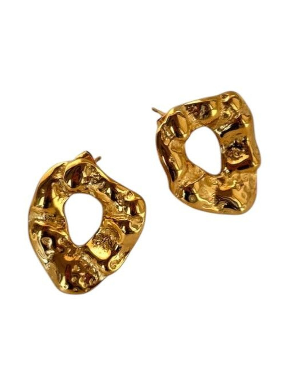Gold-plated sculptural open stud earrings with irregular organic outline on white background