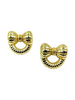 Front view of gold-toned ribbon bow stud earrings showing dimensional ridged detailing on white background