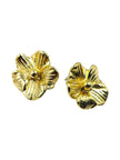 Gold-plated sculpted flower stud earrings pair on plain white background showing full design