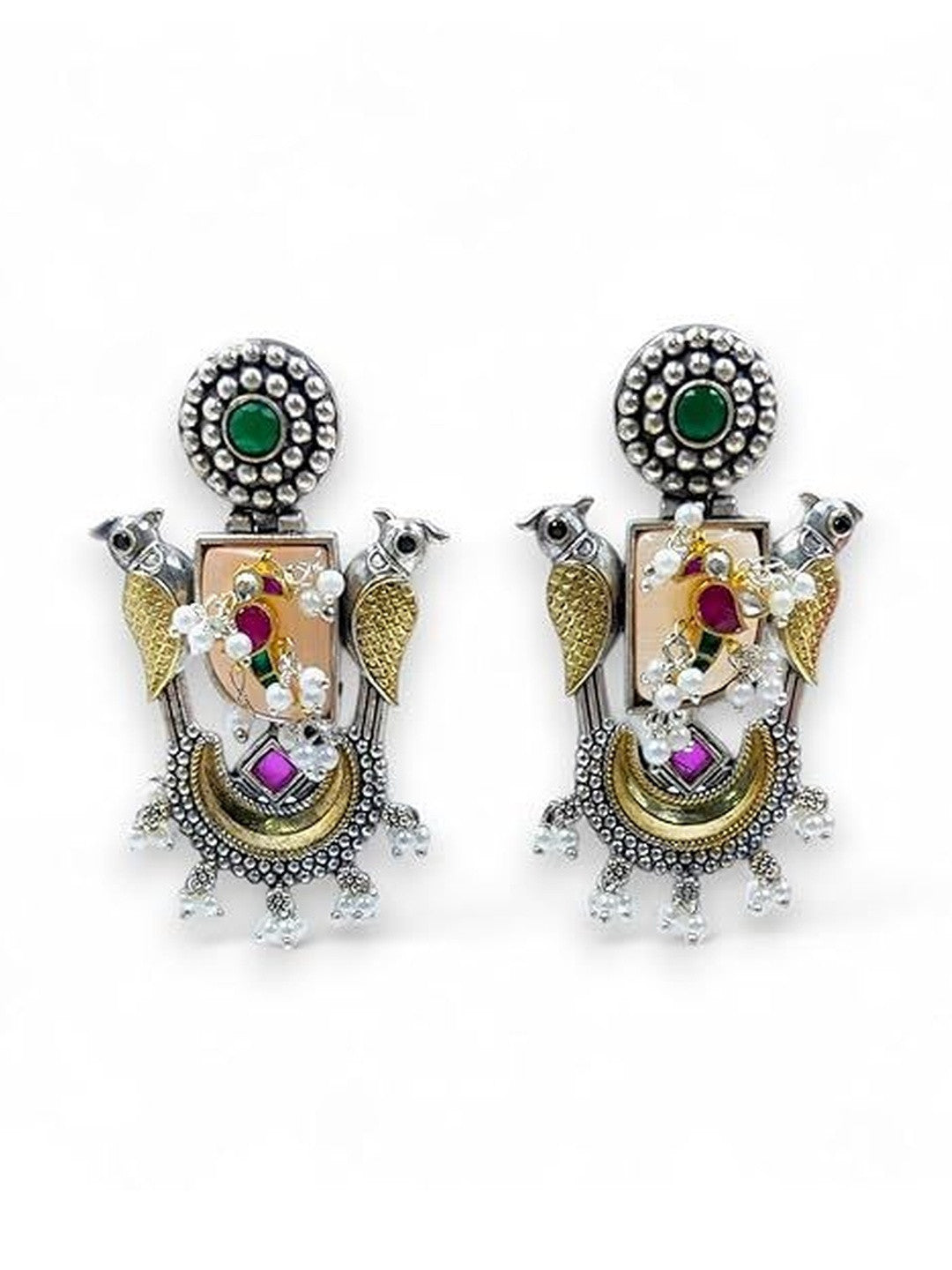 Front view of both oxidised parrot chandbali earrings on white background showing crescent and pearl drops