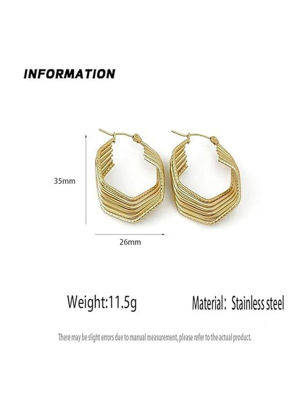 Product information card showing gold geometric hoops measuring 35mm by 26mm in stainless steel