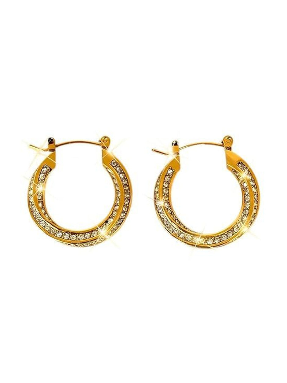 Product shot of gold crystal hoop earrings on white background with sparkle effect highlighting the rhinestones
