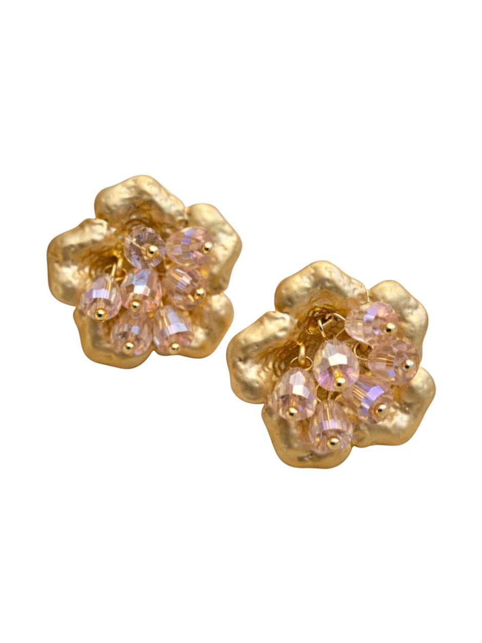 Pair of gold-plated flower stud earrings with iridescent crystal beads on white background