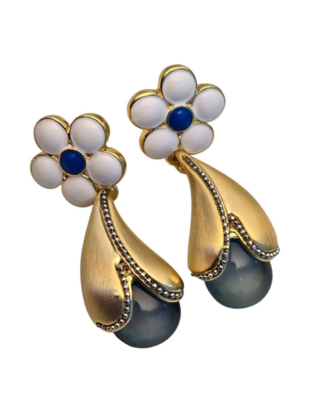 Pair of gold-plated floral drop earrings on white background showing full design front view clearly