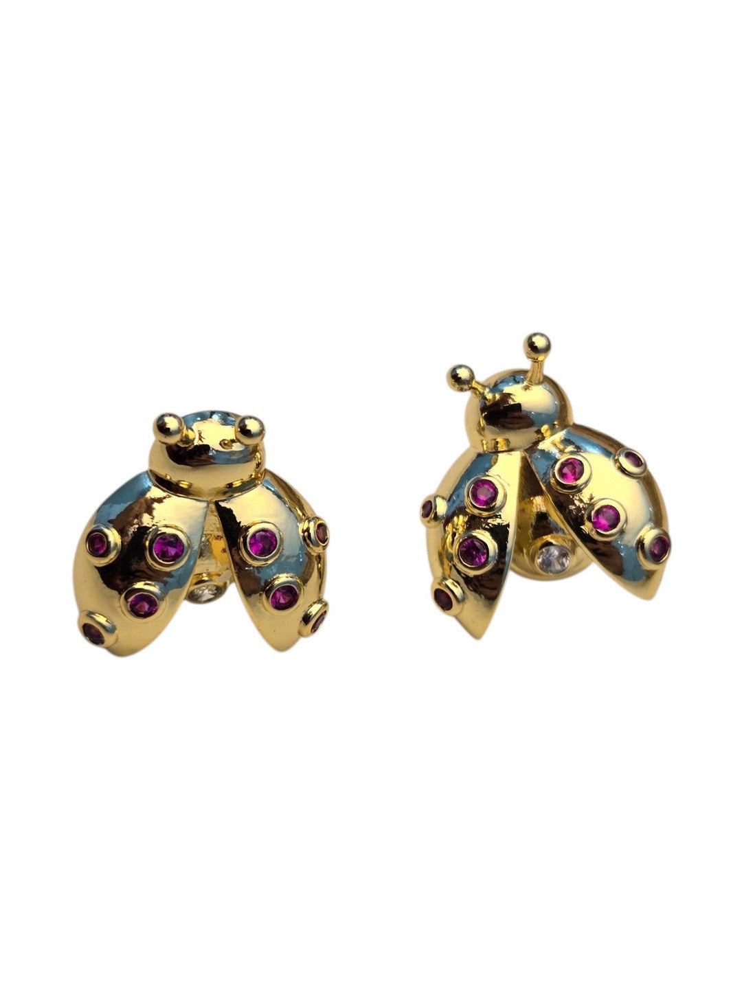 Gold-plated ladybug studs with ruby-red and clear cubic zirconia on a clean white background