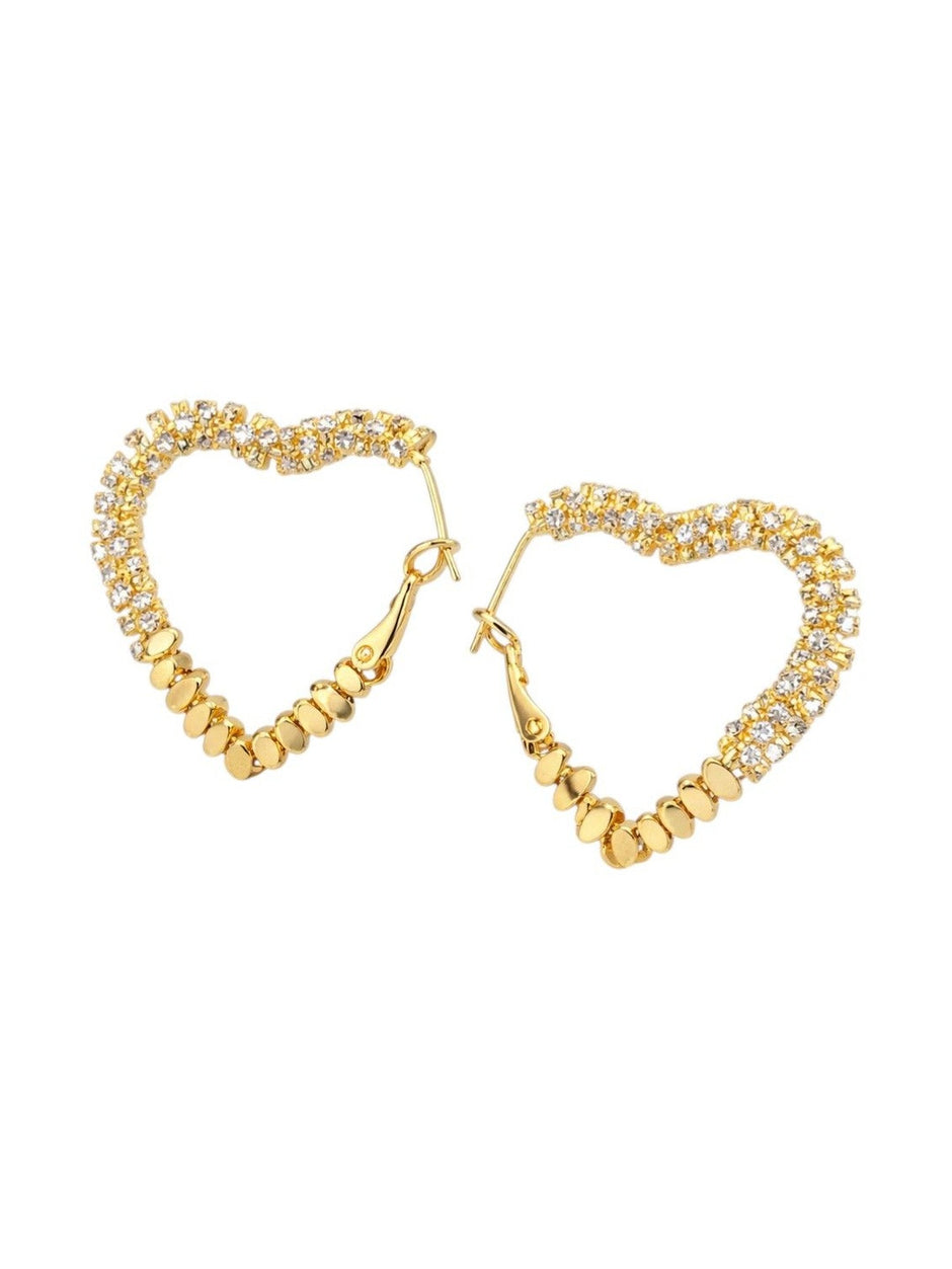Both gold crystal heart hoop earrings displayed upright showing latch-back closure on white background