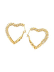 Both gold crystal heart hoop earrings displayed upright showing latch-back closure on white background