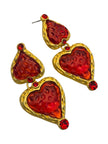 Single gold-tone double heart drop earring showing red resin hearts and faceted red rhinestones on white background