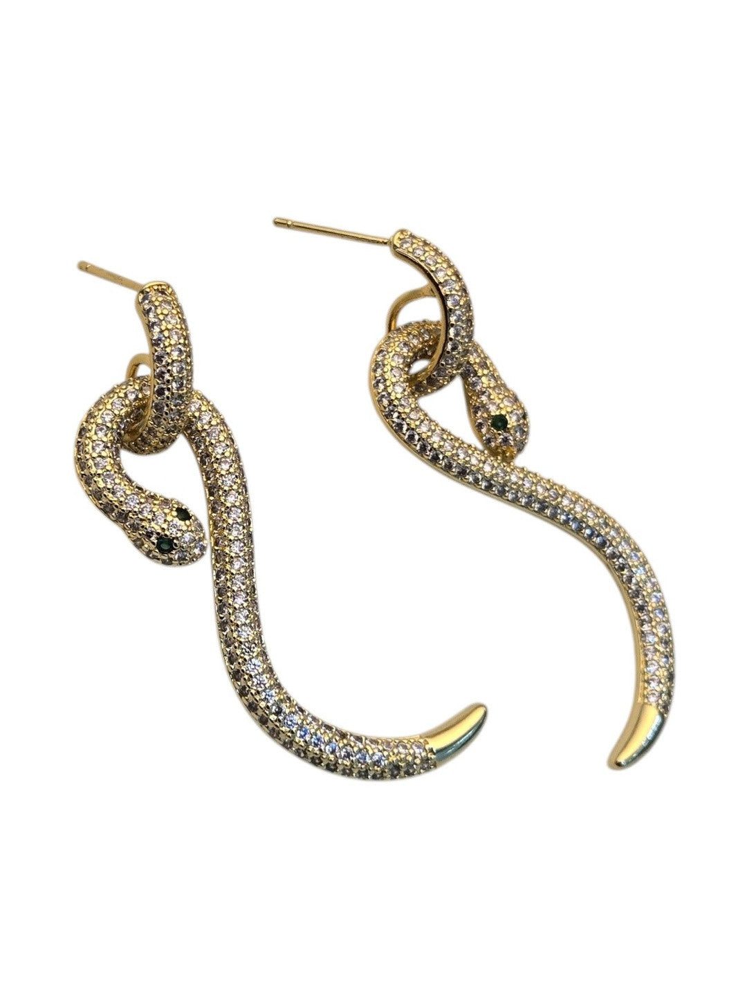 Front-facing product shot of gold CZ snake earrings on white background showing full serpent silhouette
