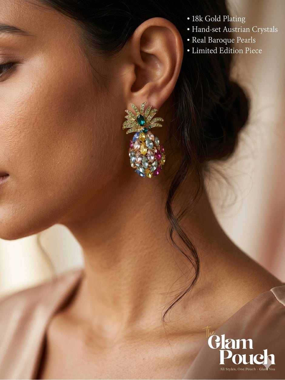 Model wearing a single multicolour crystal pineapple stud earring showing scale and fit on ear