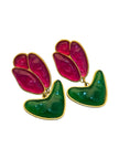 Front view of gold-toned fuchsia tulip and jade green leaf drop earrings against a white background