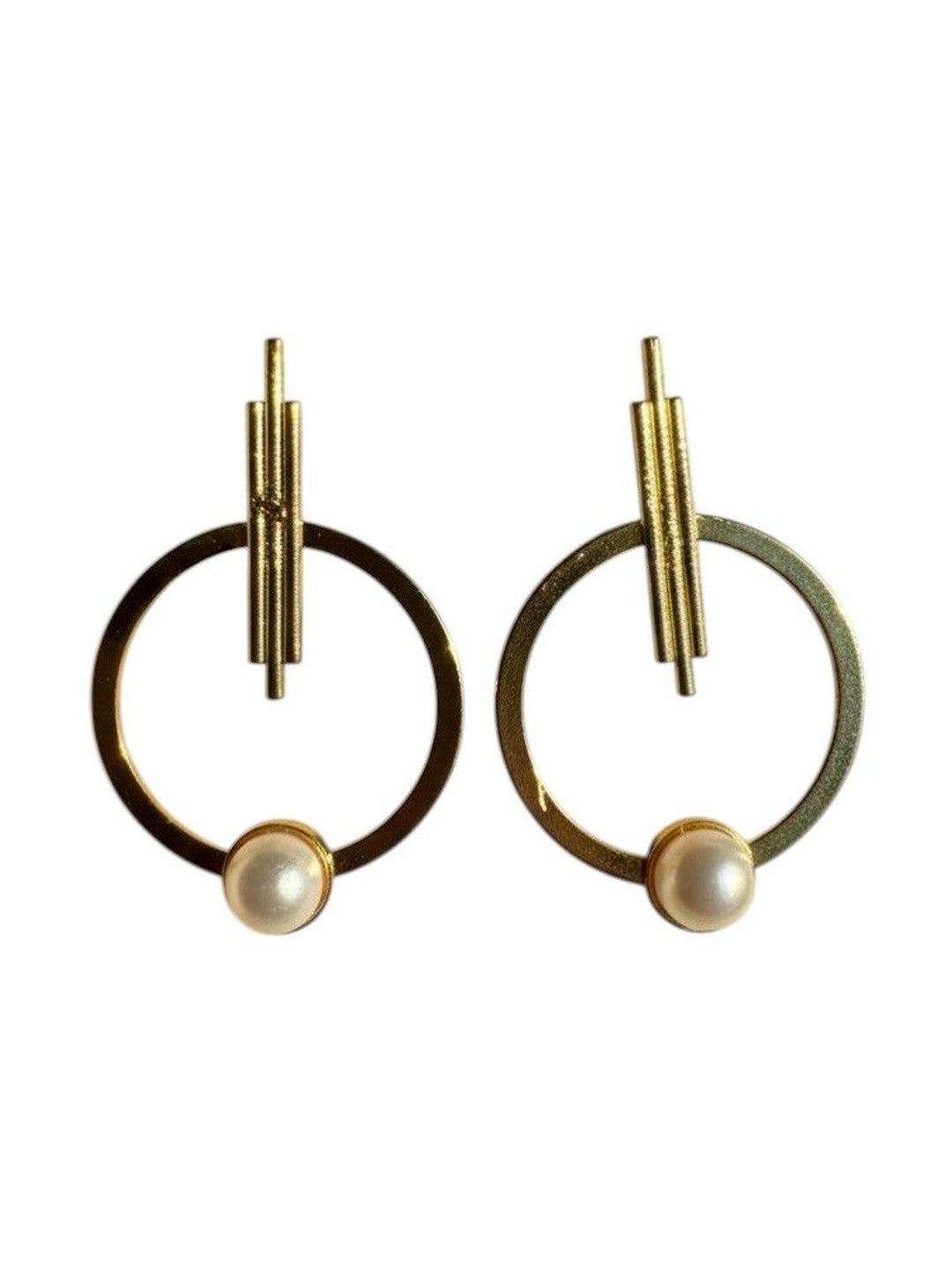 Pair of gold-plated open hoop earrings with triple-bar tops and faux pearls, displayed on white background