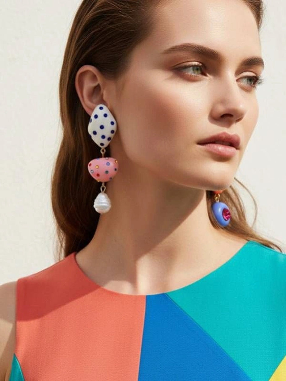 Model wearing multicolour quirky drop earrings with a colour-block dress showing full length drop and playful charm arrangement