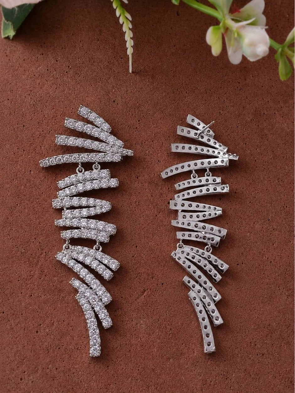 Front and back view of one silver CZ bar drop earring showing rhodium finish and stone setting