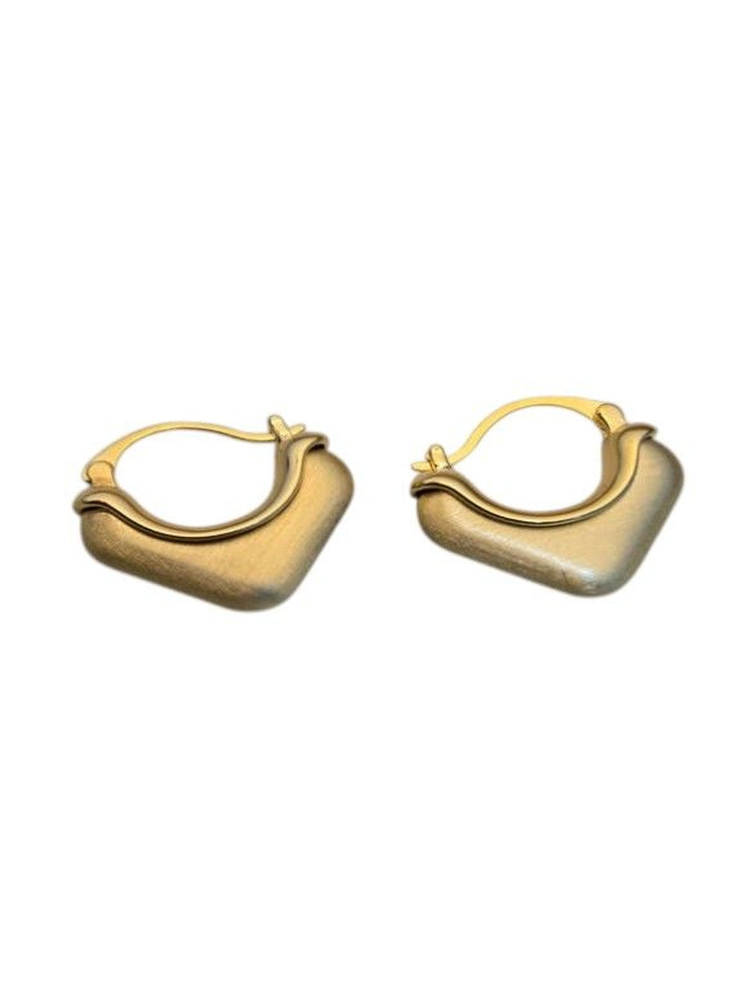 Gold-plated square hoop earrings showing brushed front and polished hoop on clean white background