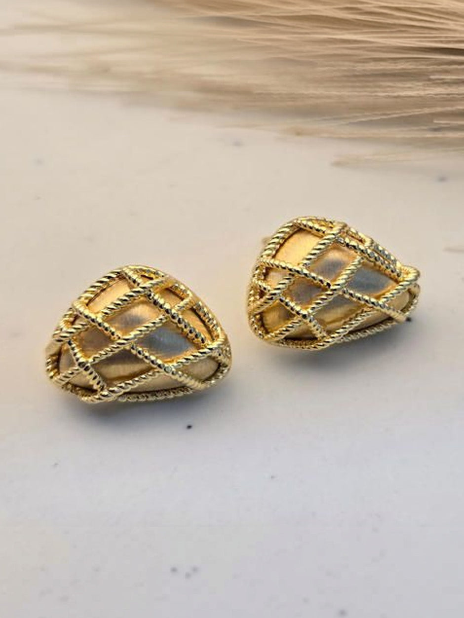 Gold rope-lattice dome earrings pair shown on a clean white background from a front angle