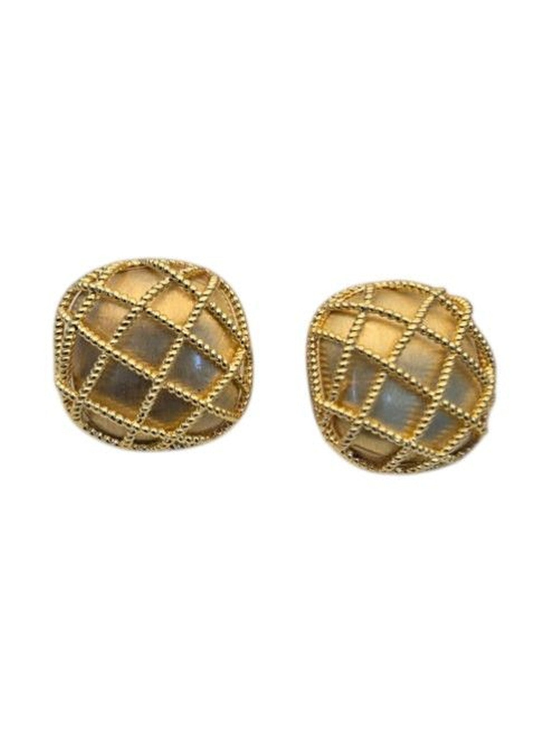 Close-up of gold-tone dome studs showing beaded cage framework and pearl-toned shell panels on white background