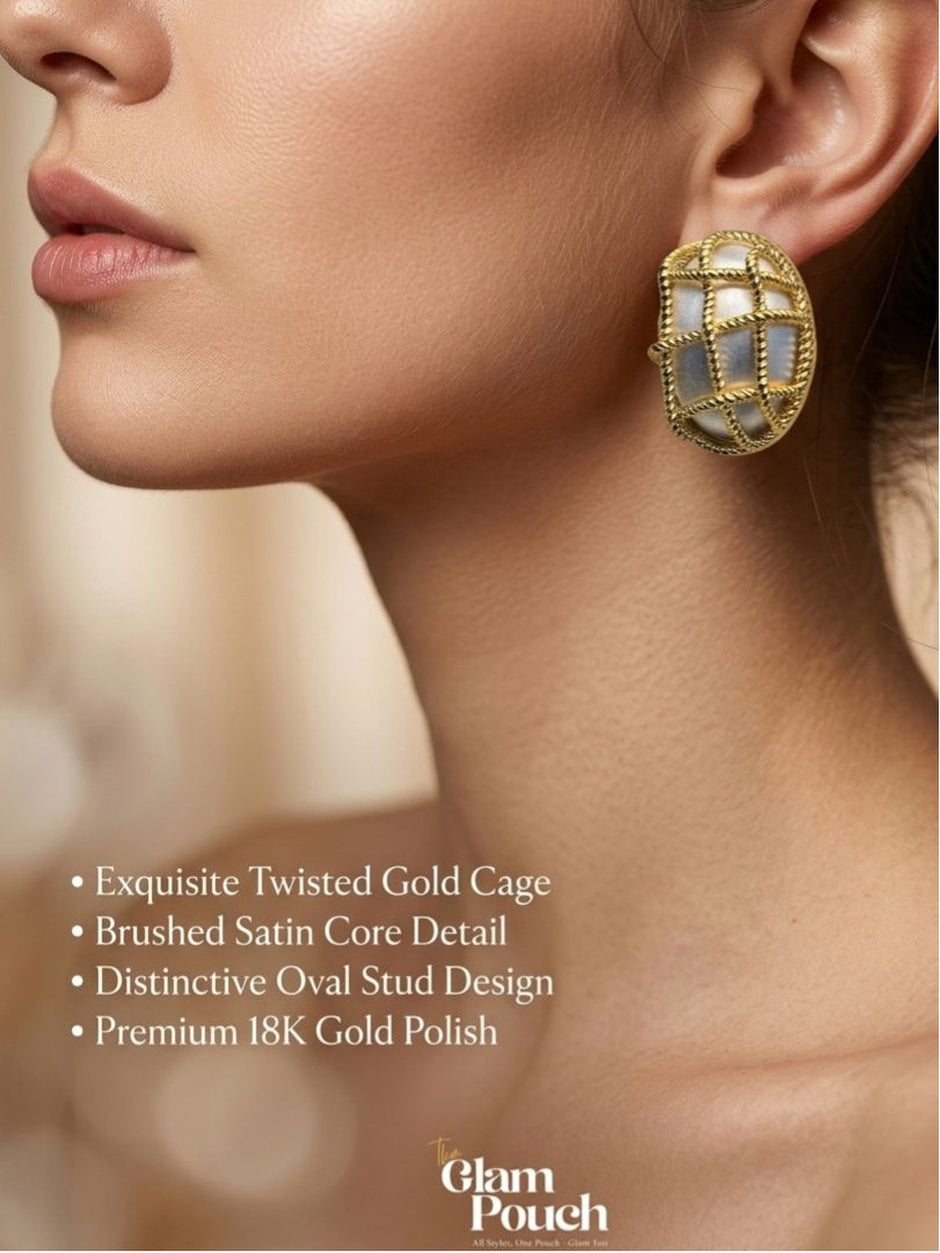 Model wearing one gold lattice cage oval stud earring shown in close profile view