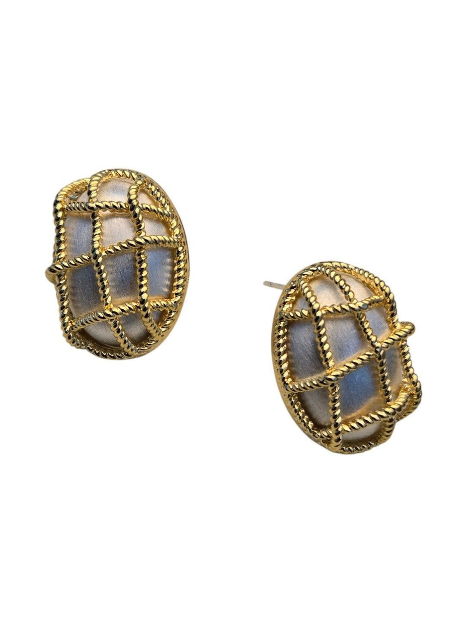Pair of gold-plated oval cage stud earrings on a clean white background