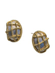 Pair of gold-plated oval cage stud earrings on a clean white background