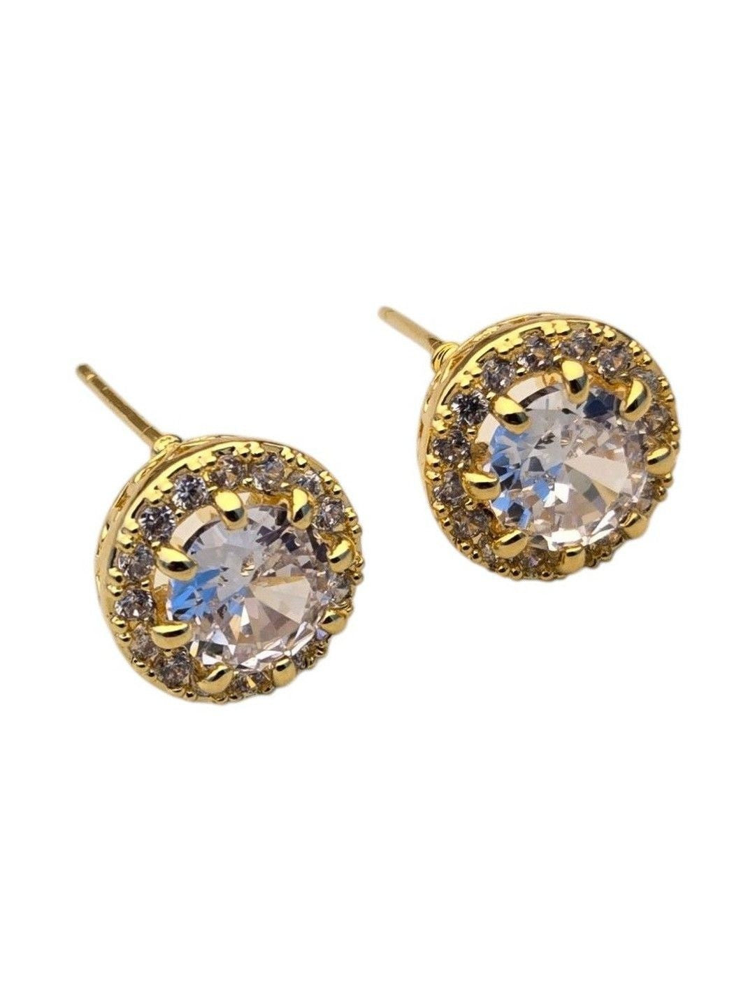 Single gold-plated CZ halo stud earring macro shot showing pavé border detail