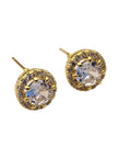 Single gold-plated CZ halo stud earring macro shot showing pavé border detail