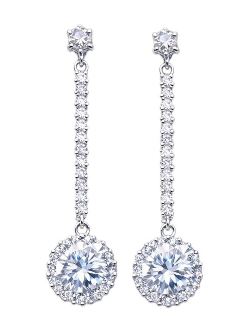 Pair of silver CZ drop earrings on a white background displaying solitaire stud top, pavé bar and round halo pendant