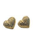 Two chunky gold-tone textured heart stud earrings displayed on a clean white background