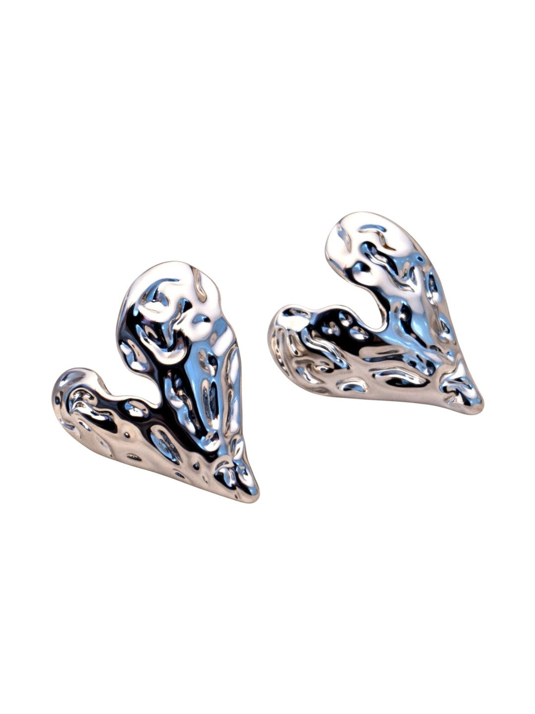 Silver textured molten heart stud earrings displayed on a clean white background