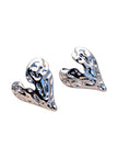 Silver textured molten heart stud earrings displayed on a clean white background