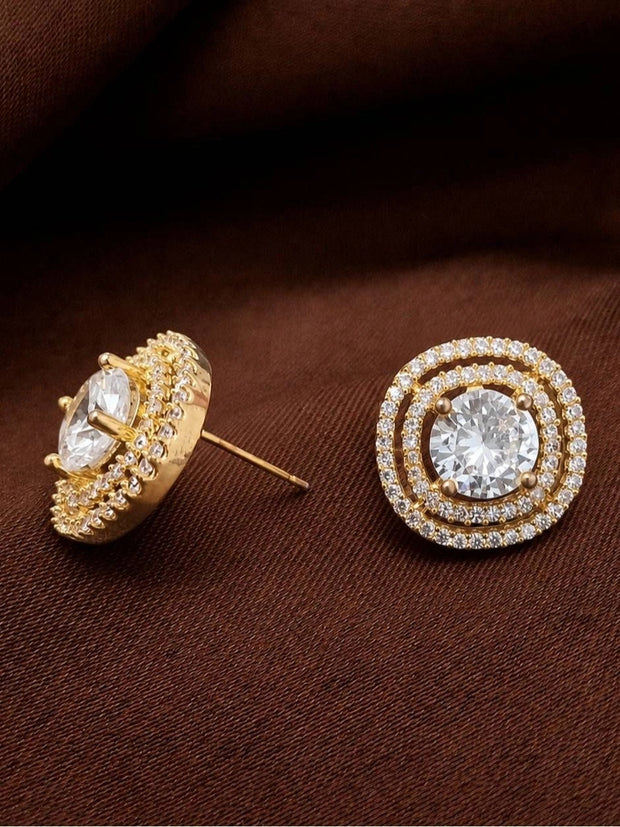 Side and front view of gold-plated CZ stud earring showing push-back post fitting