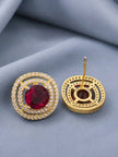 Front and back view of gold-plated circular stud earrings revealing concentric CZ halo and post backing