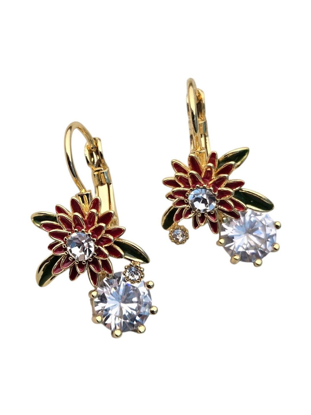 Gold-plated red enamel floral drop earrings with lever-back clasp on white background