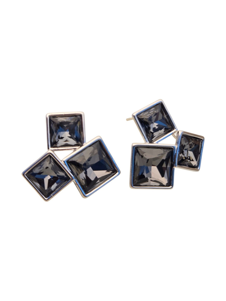 Both silver-tone crystal square cluster stud earrings displayed on white background showing faceted blue-grey stones clearly