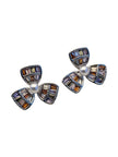 Front view of multicolour CZ baguette flower stud earrings with faux pearl centre on white background