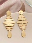 Front and back view of matte gold geometric earrings showing push-back stud post closure on pink surface