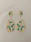 Front-facing pair of gold-plated CZ drop earrings showing green pink and yellow stones on neutral background