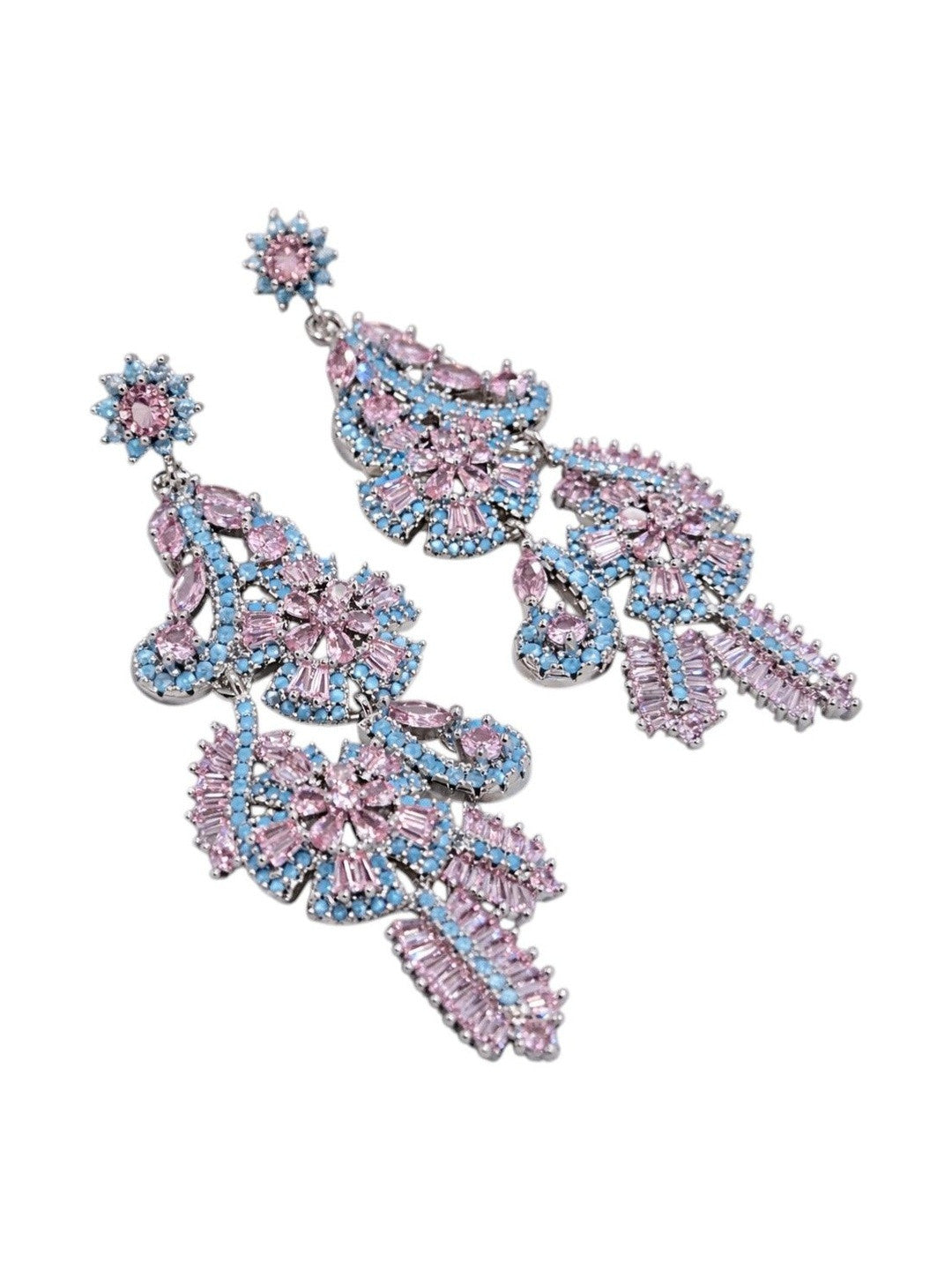 Both silver-tone chandelier earrings side by side on white background showing starburst stud and layered drop