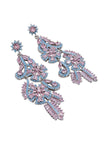 Both silver-tone chandelier earrings side by side on white background showing starburst stud and layered drop