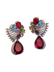 Front view of silver rhodium-finish earrings with blue teal yellow pink and red crystals on white background