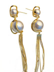 Front view of both gold-plated pearl tassel earrings against a clean white background showing full length