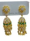 Gold-plated CZ chandelier earring pair mounted on a white fashion jewellery card showing front and back detail